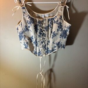 Floral Lace-Up Corset Top - Blue and Cream